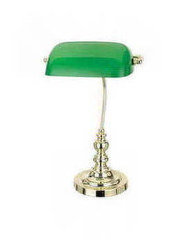 Green Glass and Polished Brass Bankers Lamp.
